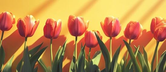 Vibrant pink tulips lined against a bright yellow background with soft shadows creating depth enhancing the lively spring ambiance