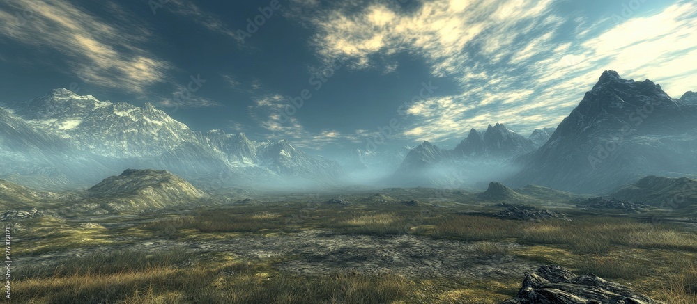 Poster stunning landscape featuring dark mountain peaks under a blue sky with wispy white clouds, creating 