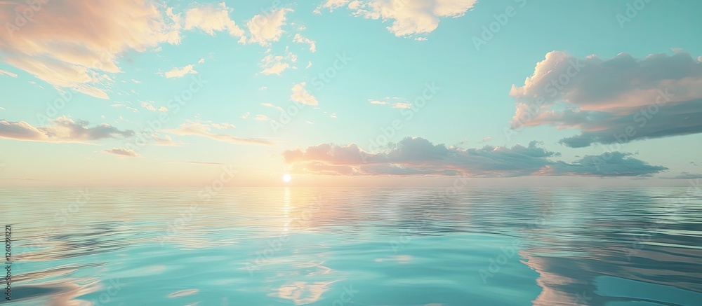 Poster tranquil twilight sky with soft pastel clouds against a serene calm water surface reflecting hues of
