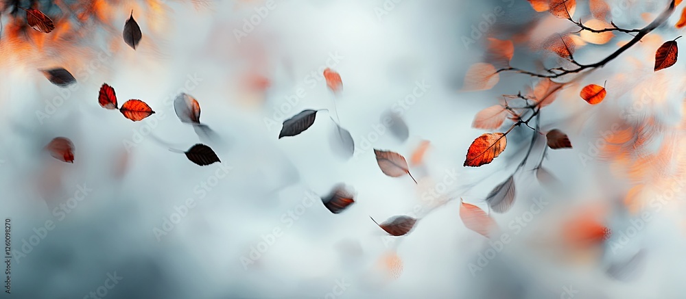 Fototapete blurred bottom view of black branches with reddish leaves in late autumn against a soft gray and blu