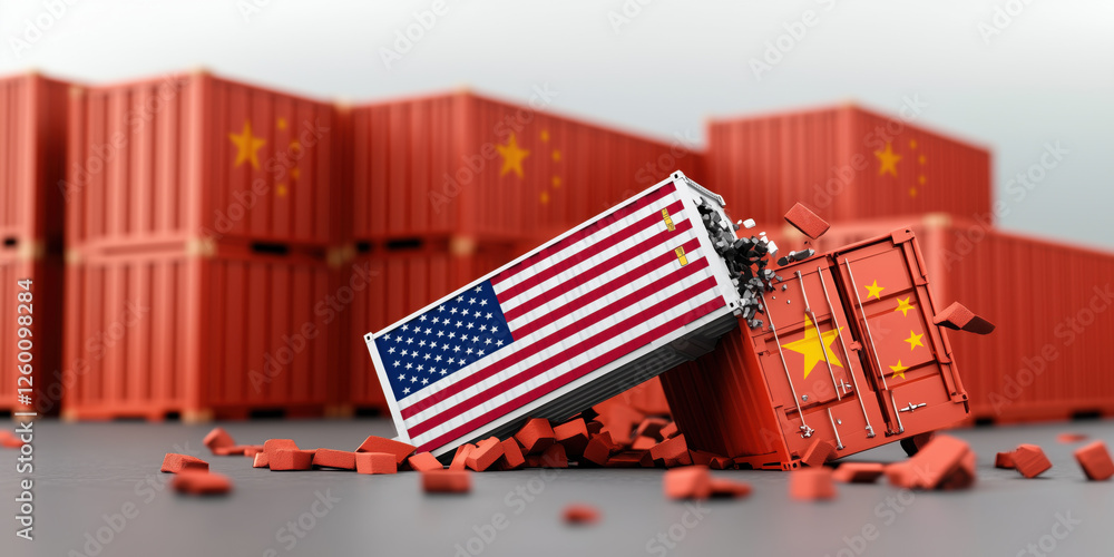 Poster white container with us flag collides with red container featuring chinese star, symbolizing