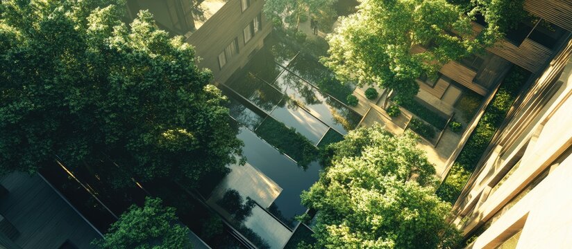 Aerial view of lush greenery juxtaposed with modern buildings showcasing the blend of urban and natural environments under golden sunlight.