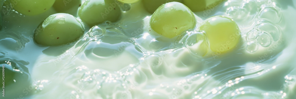 Poster oat milk with green grape halves creating ripples in a refreshing blend