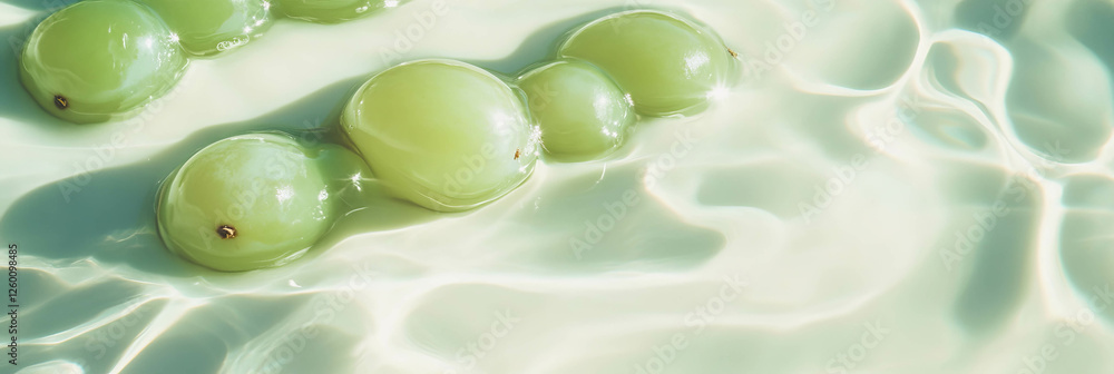 Poster oat milk and green grape halves creating ripples in a light background
