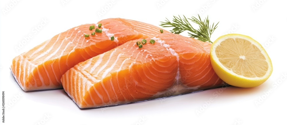 Aufkleber fresh salmon fillets with vibrant orange color placed on a clean white background garnished with lem