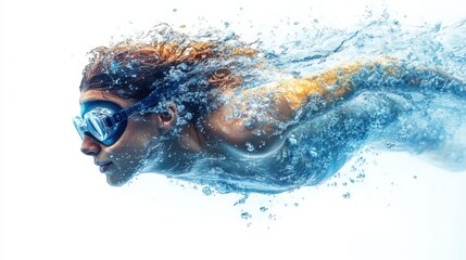 Naklejka premium Swimmer's silhouette diving into water with splashes, lanes, and goggle imagery