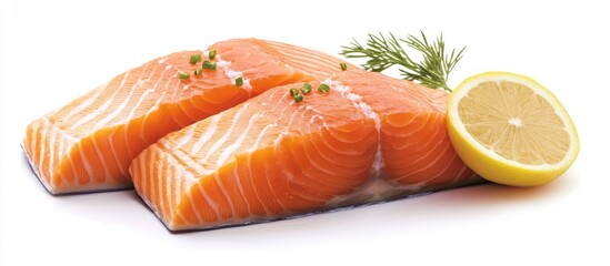 Fresh salmon fillets with vibrant orange color placed on a clean white background garnished with lemon slices and green herbs for presentation