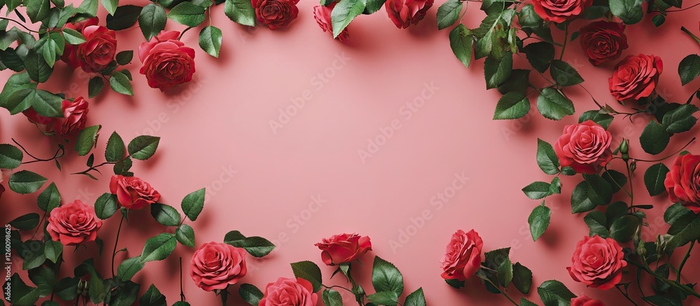 Poster elegant frame of vibrant red roses and lush green leaves on a soft pink background creating a charmi
