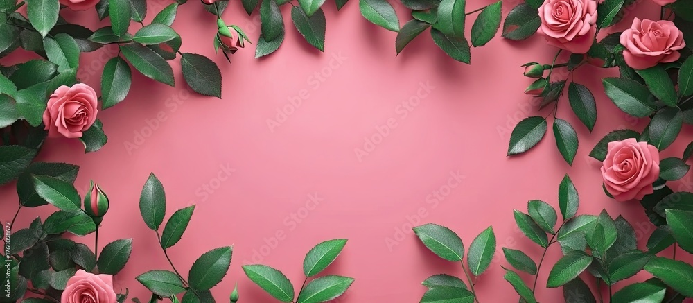 Poster floral frame of pink roses and green leaves on soft pink background featuring ample copyspace for te