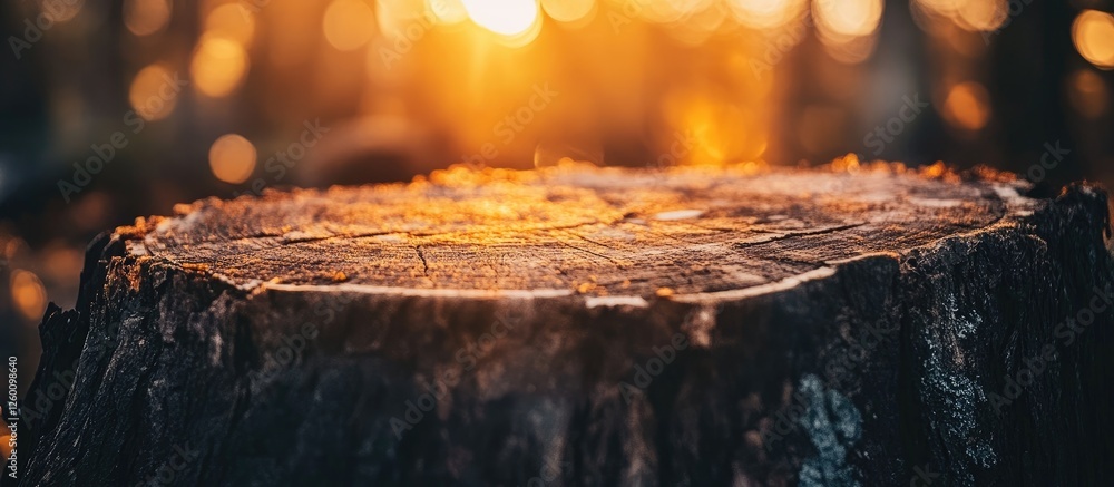 Aufkleber sunset glow over a tree stump with warm orange and golden hues in the background creating a serene w