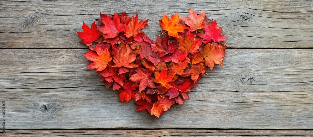 Poster heart shape formed by vibrant red and orange autumn leaves on a rustic wooden background with subtle
