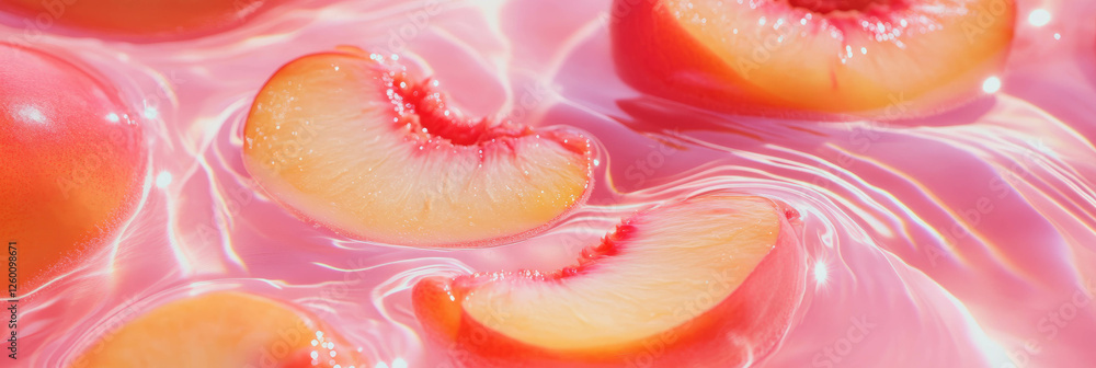 Poster oat milk with peach slices creates beautiful ripples and shadows for a stunning background