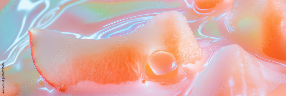 Poster Sliced melon floating in oat milk creating soft ripples in a vibrant background