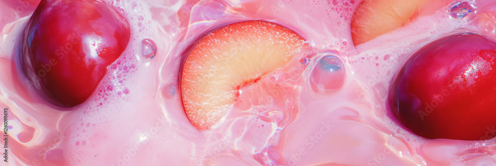Poster oat milk and sliced plum creating gentle ripples in a vibrant blend