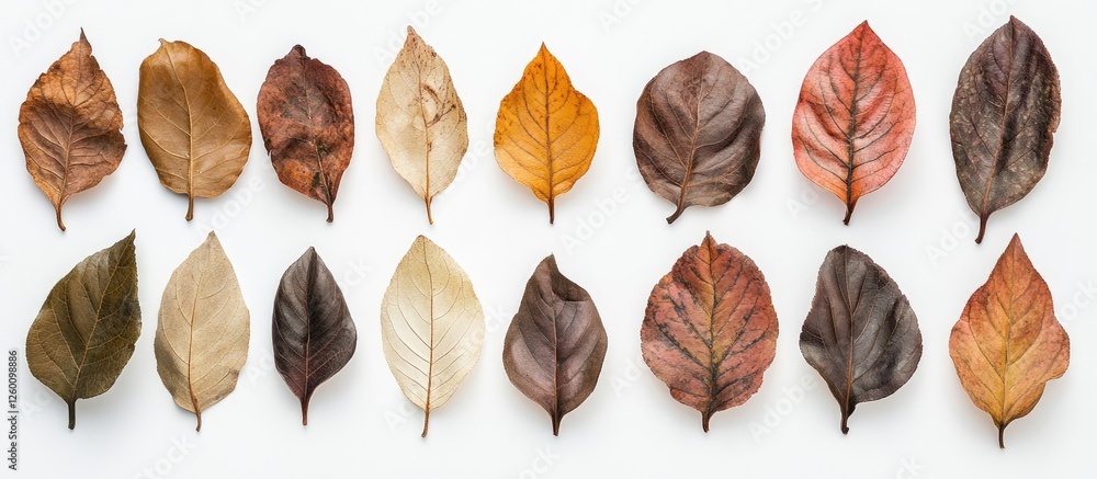 Aufkleber autumn leaves in various warm hues arranged in two rows on a clean white background, showcasing text