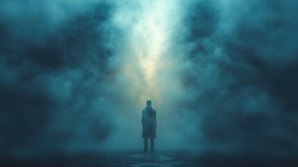 facing my faith man in the dark with foggy background 3d rendering