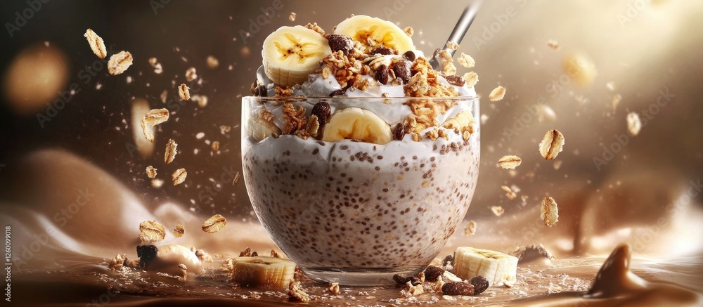 Poster chia pudding layered with banana slices and granola in a clear glass, set on a brown textured surfac