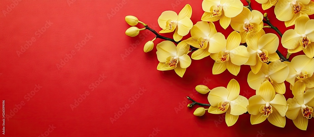 Poster vibrant arrangement of yellow orchids on a bold red background, showcasing delicate petals and green