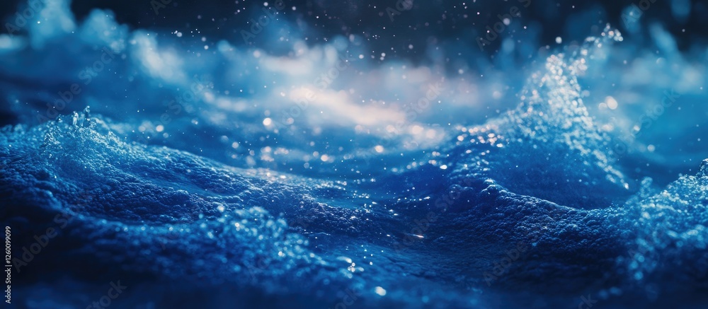 Poster dynamic blue waves with sparkling highlights create an immersive aquatic backdrop, emphasizing fluid