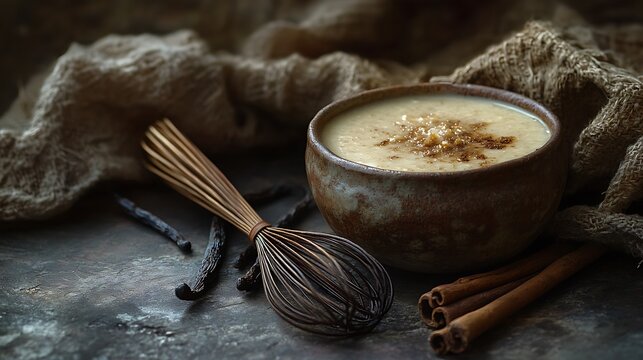 An artistic still-life composition of Mexican Atole, served in an earthenware cup with a wooden molinillo whisk resting nearby, cinnamon sticks and vanilla pods scattered around, moody lighting,