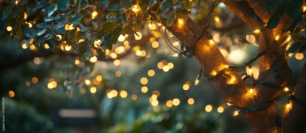 Aufkleber Warm glowing Christmas lights draped on lush green tree branches with a soft bokeh background creating a festive and cozy ambiance.