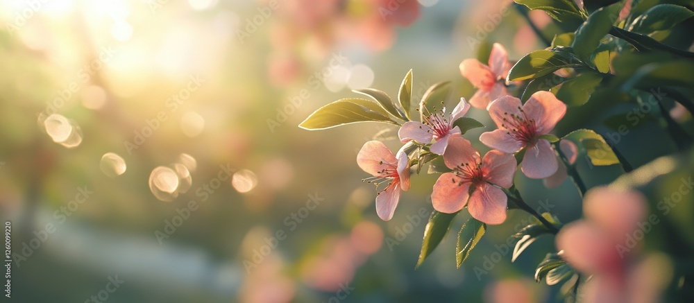 Aufkleber delicate pink cherry blossoms in sharp focus against a softly blurred golden bokeh background highli