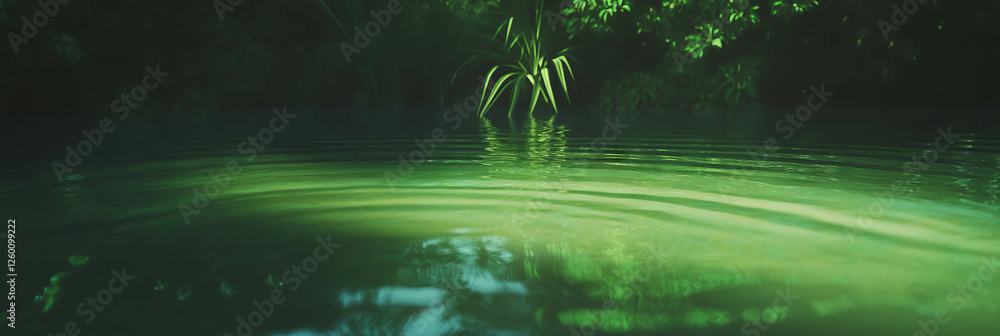 Poster rippling olive green water reflecting soft light and surrounding trees in serene environment