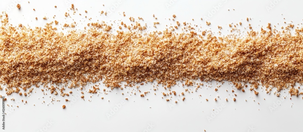 Poster Golden bread crumbs arranged in a horizontal line on a white background showcasing a textured surface with varied sizes for visual interest