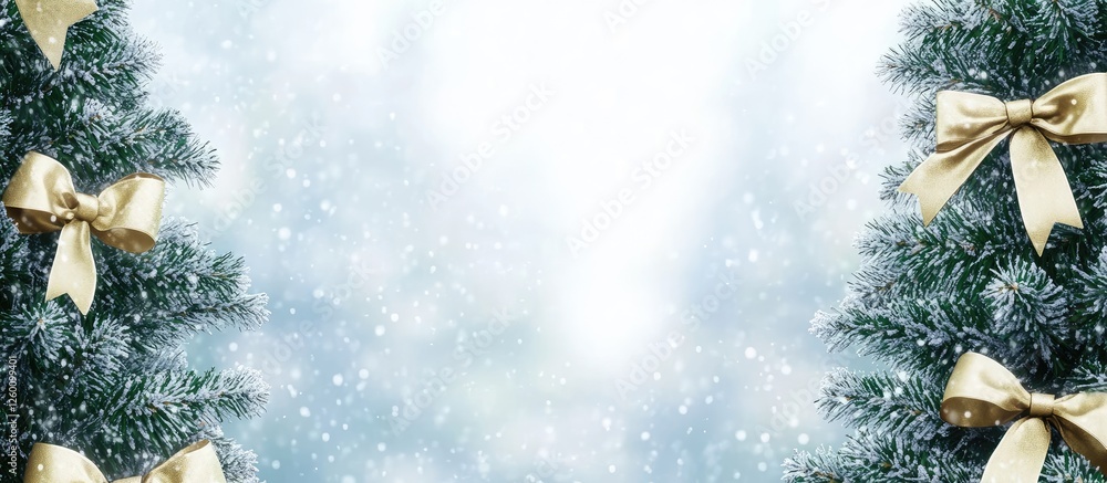 Aufkleber snowy winter scene featuring two evergreen christmas trees adorned with gold bows on the right and l