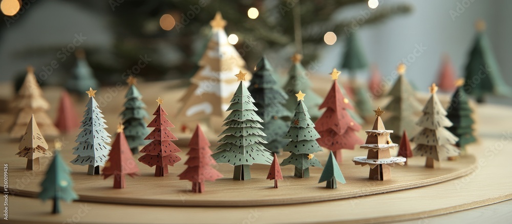 Poster Festive Papercraft Forest Display with Green and Red Trees on a Wooden Base Surrounded by Tiny Decorative Accents in a Soft Focus Background