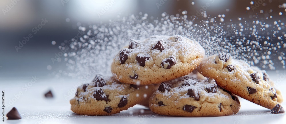Aufkleber Chocolate chip cookies with powdered sugar on a light gray surface with scattered chocolate chips in the foreground and a soft blurred background