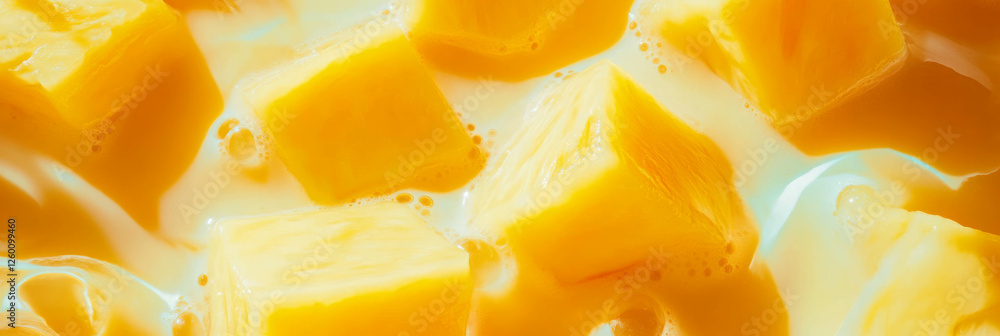 Poster refreshing pale yellow milk with pineapple chunks and ripples enjoyed from above