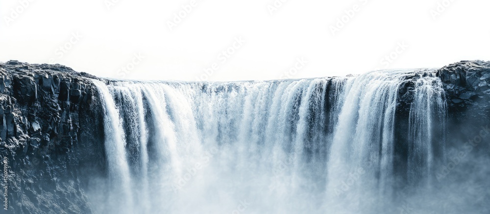 Poster majestic waterfall cascading down rocky cliffs with mist rising, set against a bright white backgrou
