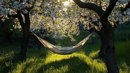 Obraz premium Hammock tied between two blooming trees in a spring orchard. The tranquil setting invites relaxation in a peaceful natural environment. Generative AI