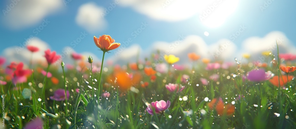 Poster Vibrant multicolored flowers in a lush green meadow under a bright blue sky with soft bokeh effect creating a serene sunny atmosphere