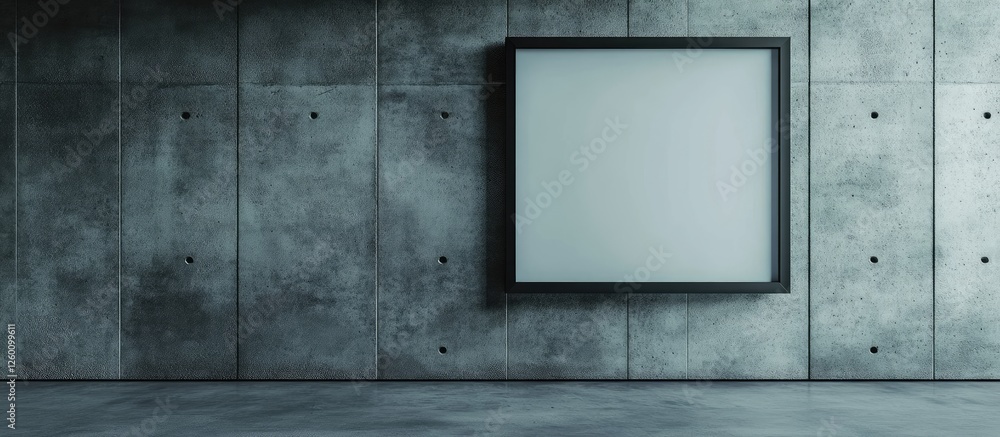 Aufkleber blank black picture frame centered on a textured concrete wall, with a spacious gray floor creating 