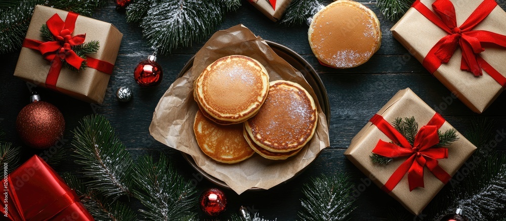 Aufkleber festive cookies arranged on a dark surface with decorative pine branches and wrapped gifts featuring