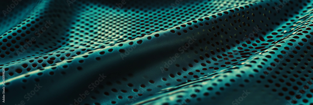 Poster textured perforated leatherette fabric in matte zinc and shale tones displayed on surface