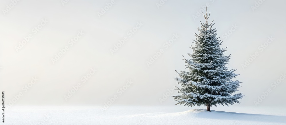 Poster snow-covered evergreen tree standing alone on a white snowy landscape with a soft misty background s