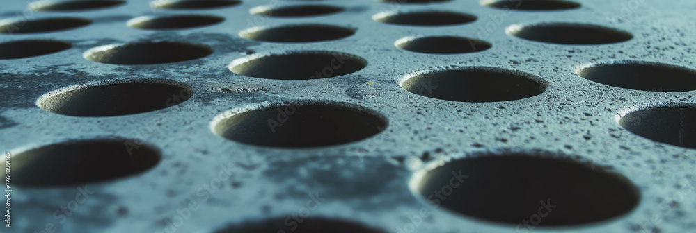 Poster textured surface featuring perforated rubber and matte metal arrangements in an industrial setting