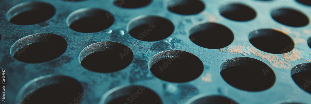 Poster close-up view of perforated rubber with matte metal surface and textured stone features
