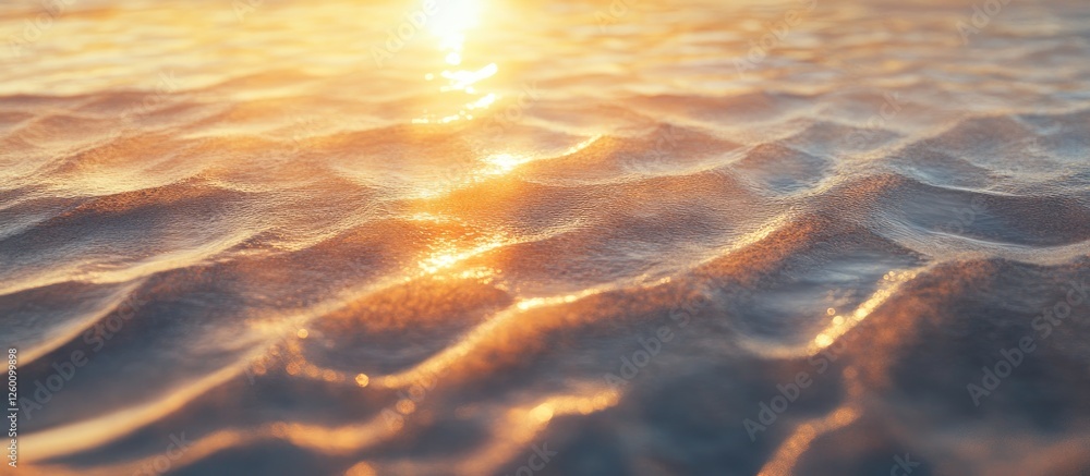 Poster golden sunrise reflecting on gentle sandy ripples creating a tranquil beachfront scene with warm ora