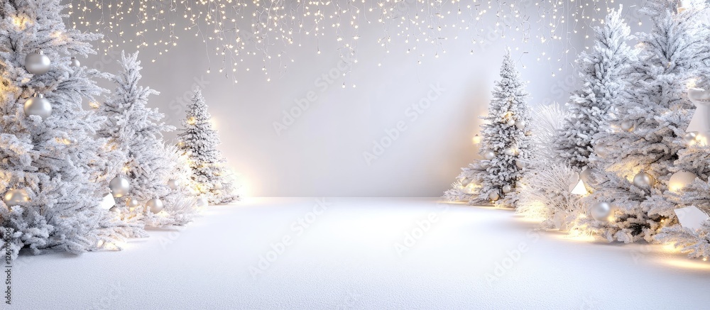 Poster festive winter wonderland backdrop with white snow-covered trees and soft spotlight illumination cre