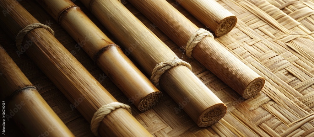 Poster close-up of meticulously crafted bamboo pieces arranged diagonally on a textured straw mat backgroun