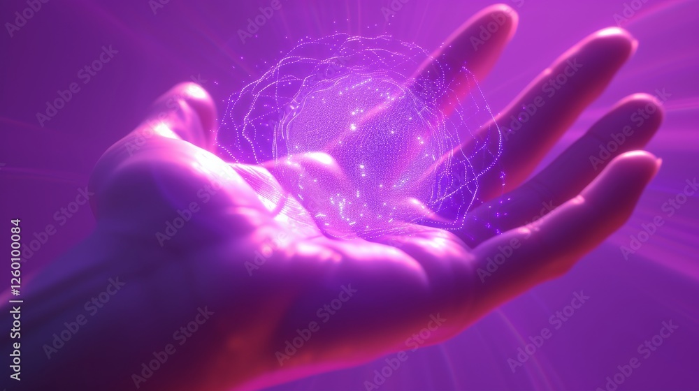 Poster a glowing energy orb surrounded by dynamic light strands rests on a hand, creating a futuristic atmo