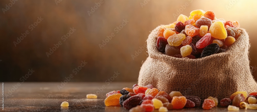 Poster festive italian dessert with colorful candied and dried fruits in a burlap bag on a wooden table wit