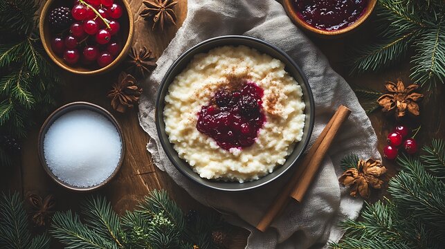 An overhead flat-lay composition of a bowl of Mannagrynsgr&ouml;t, surrounded by ingredients like cinnamon sticks, sugar, lingonberry jam, and fresh berries, styled on a textured linen cloth,