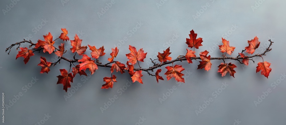 Poster autumn maple leaves branch in vibrant red hues against a muted gray background, elegantly arranged i