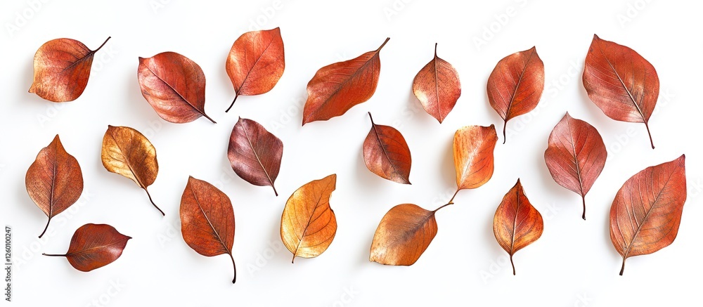 Poster flat lay of assorted dried autumn leaves in shades of orange and brown arranged on a clean white bac