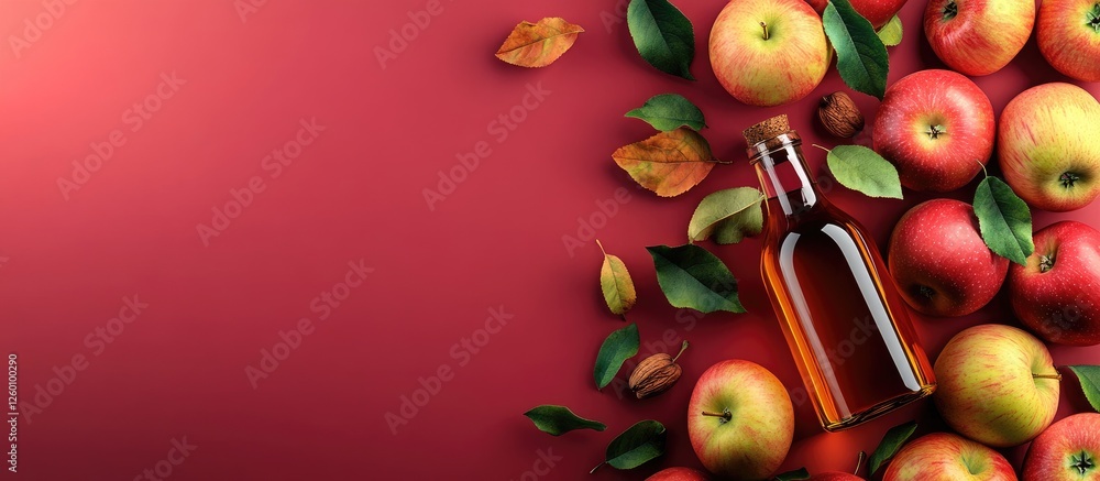 Poster Bottle of apple cider vinegar positioned centrally with fresh red apples and green leaves surrounding it on a rich red background with empty space for text